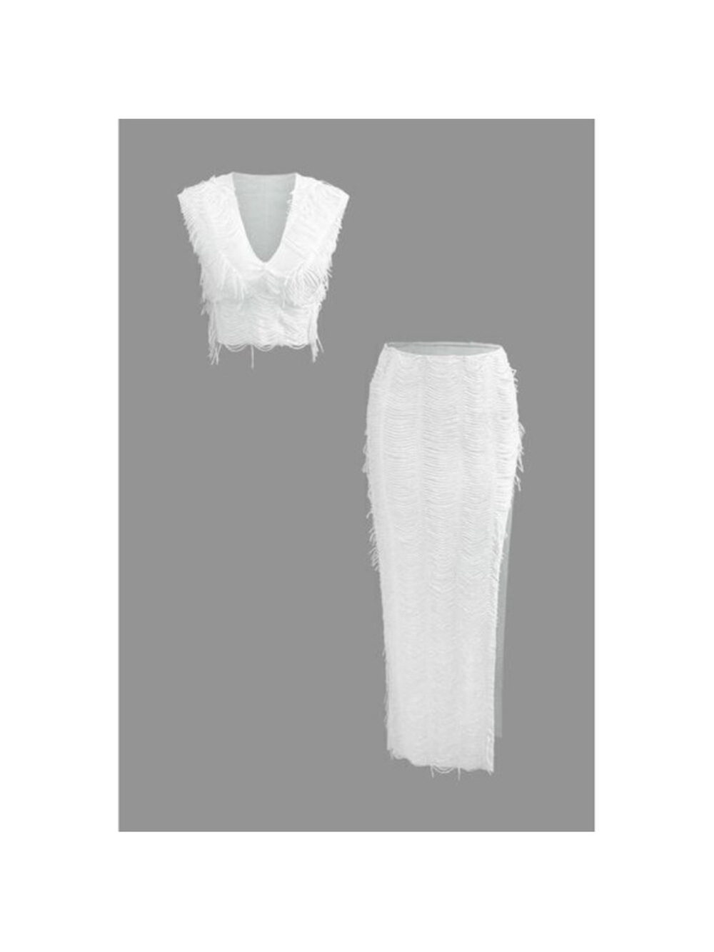 Micas Elegant White Fringe TwoPiece Dress Set Crop Top Maxi Skirt Party Cocktail